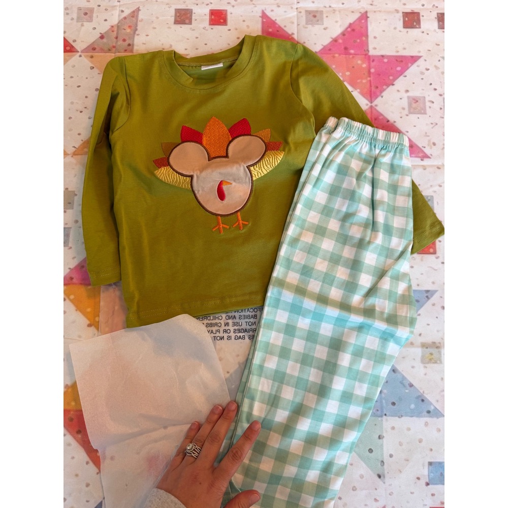 Thanksgiving Turkey Applique Gingham Pants Set Olive Green 4T Kids Outfit